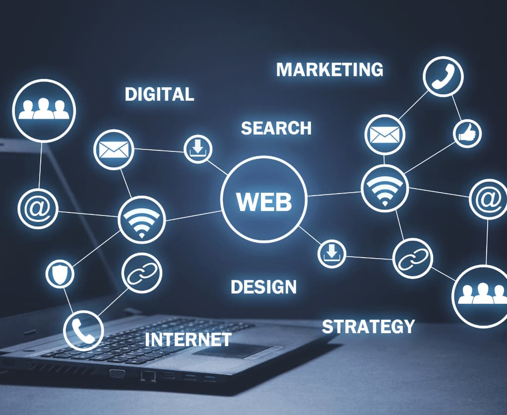 Web Development Stilbild Symbole Digital, Internet, Strategie, Design, Suche und Marketing